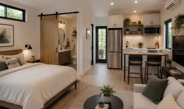 Studio garage ADU interior with bedroom, bathroom, kitchenette, and living area in a compact open-plan layout.