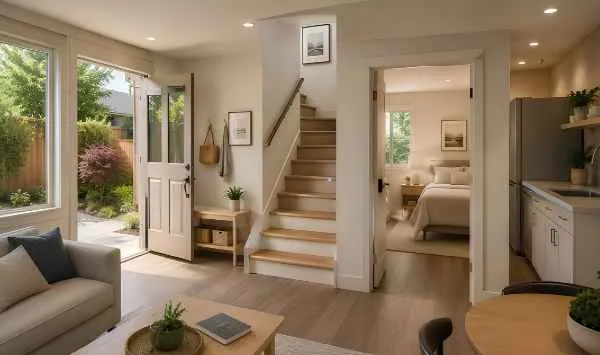 Modern garage ADU interior with a separate entrance, natural light, stairs, bedroom, and compact kitchen.