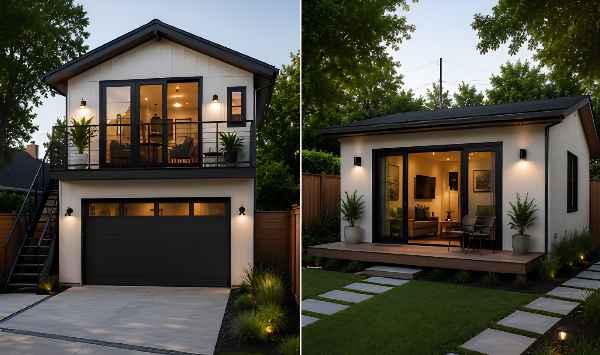 Comparison of a two-story and single-story garage ADU, showcasing modern exterior designs for accessory dwelling units with separate living spaces.