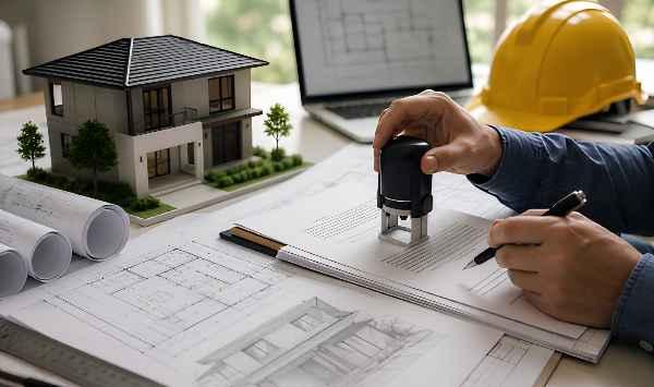 Architect reviewing ADU construction plans with a model home, blueprints, laptop, and contractor stamp during the planning and permitting process.