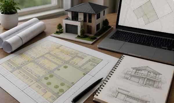 ADU planning workspace with site plans, blueprints, model home, laptop, and sketches for residential layout and feasibility review.