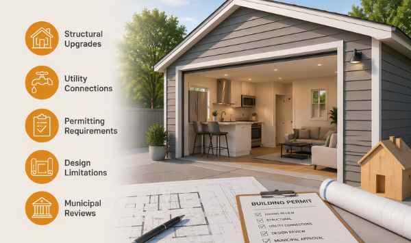 Modern garage conversion ADU with open living space, blueprints, building permit checklist, and icons for structural upgrades, utilities, permitting, design limits, and municipal reviews.
