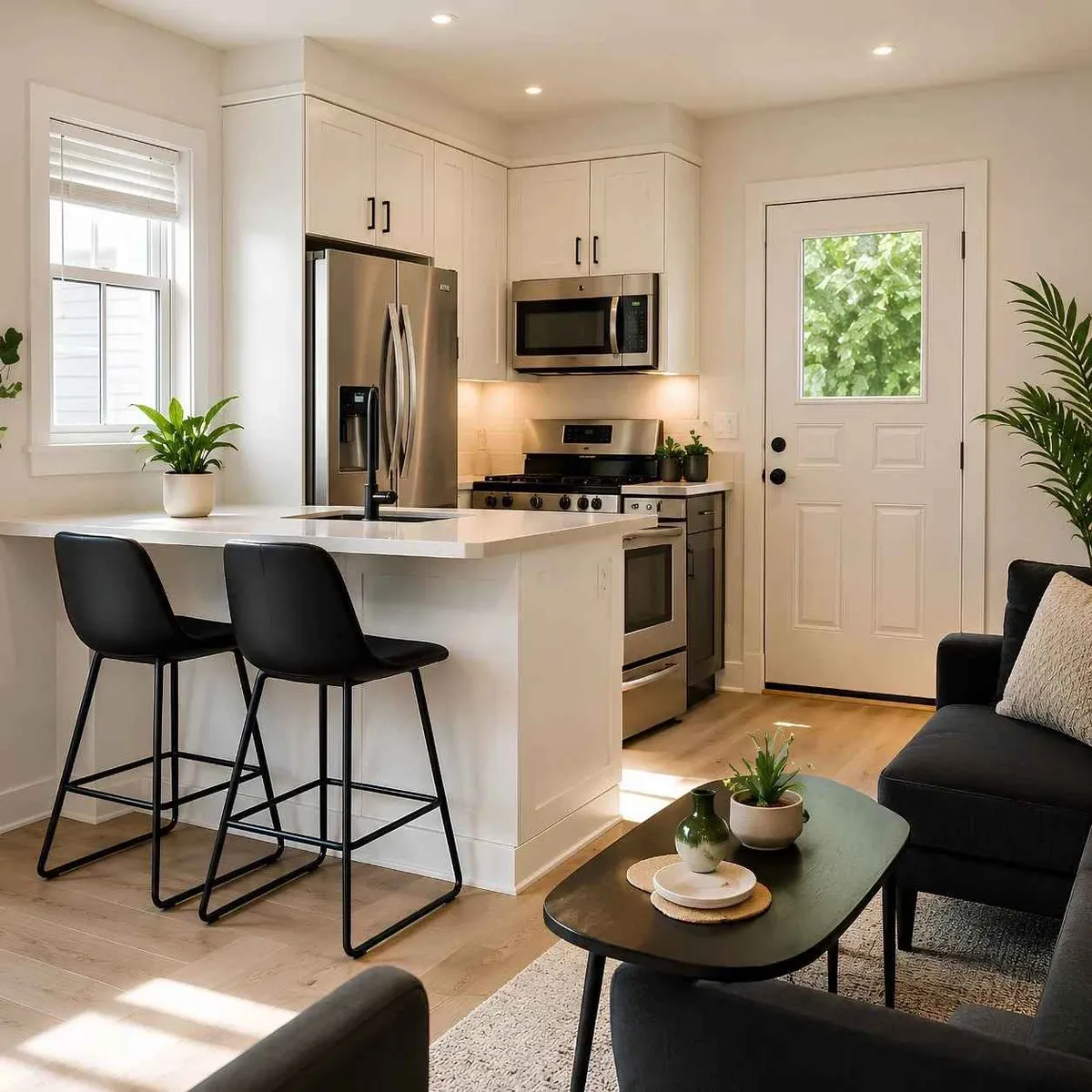 Modern garage ADU interior featuring a bright open-concept kitchen and living room with white cabinets, quartz island, stainless steel appliances, breakfast bar, and contemporary furnishings.