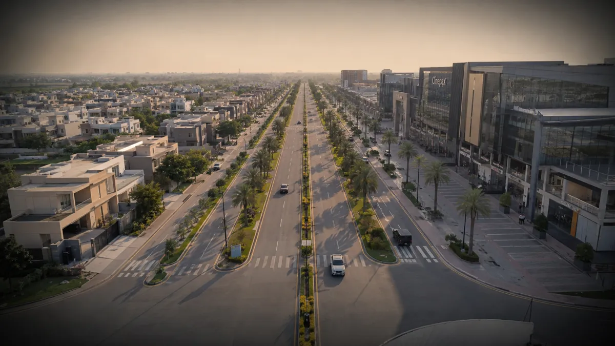 Aerial view of a modern luxury residential and commercial community in Lahore.