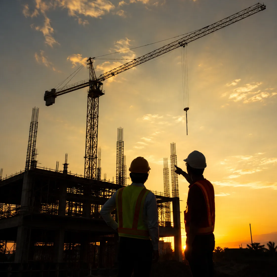 Engineers inspecting a new real estate project site at sunset.