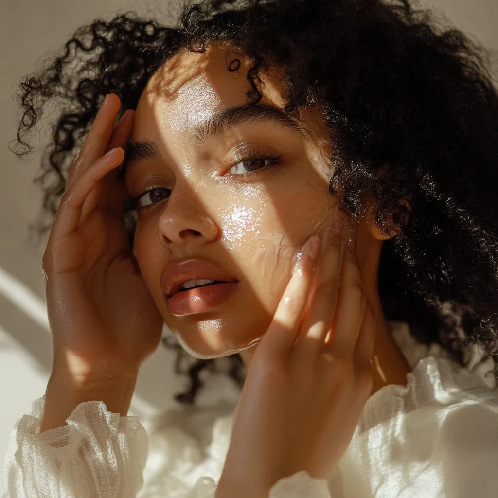 a young woman moisturizing her face