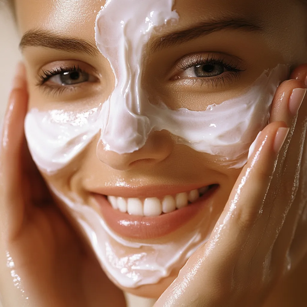 a young woman smiling and moisturizing her face