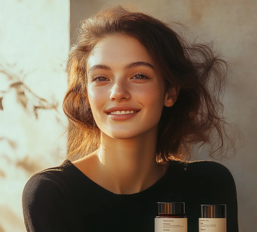 a woman smiling with skin care products