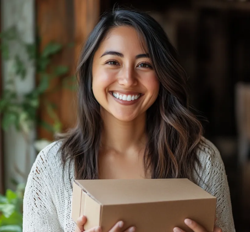 a woman smiling with a package