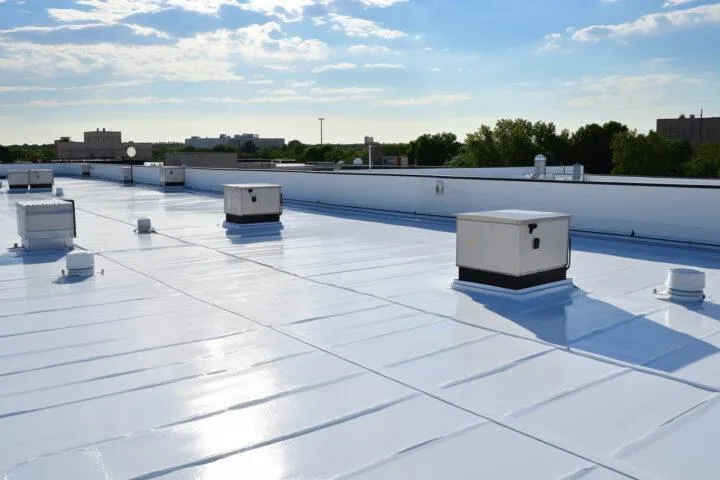 Flat white TPO membrane roofing on a commercial building under a clear sky with rooftop vents and HVAC units visible.
