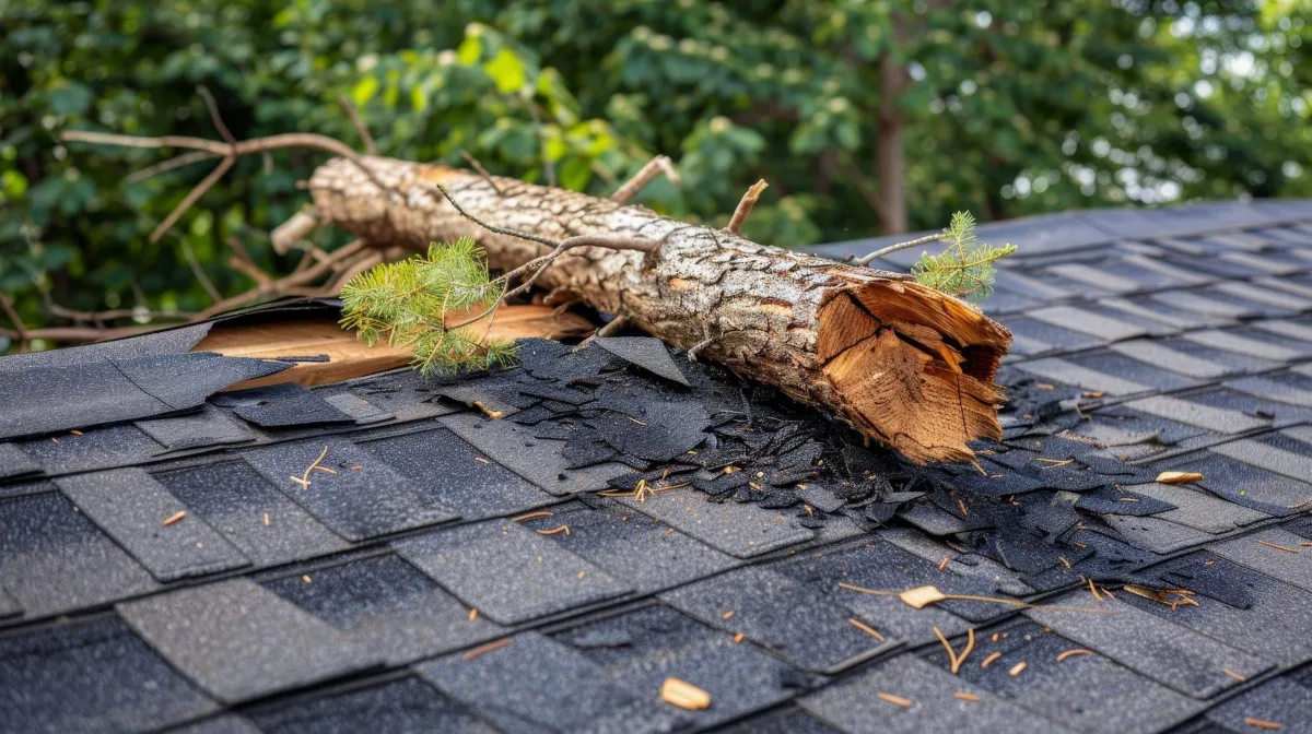 Tree fallen on shingle roof causing severe storm damage requiring urgent repair.