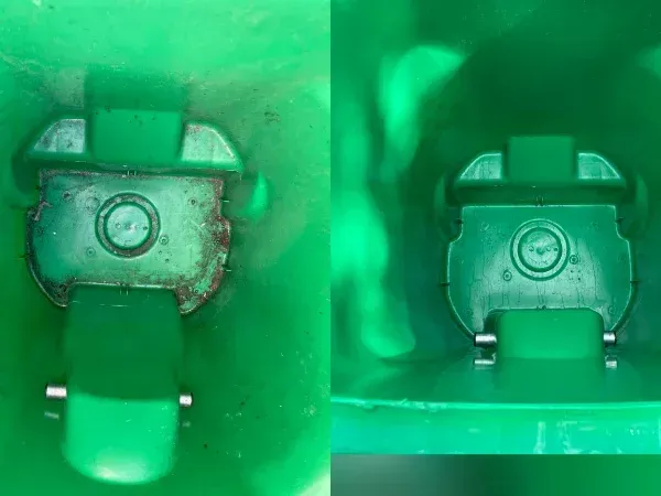 A split image shows a dirty green recycling bin on the left and a clean bin on the right, highlighting the cleaning process.