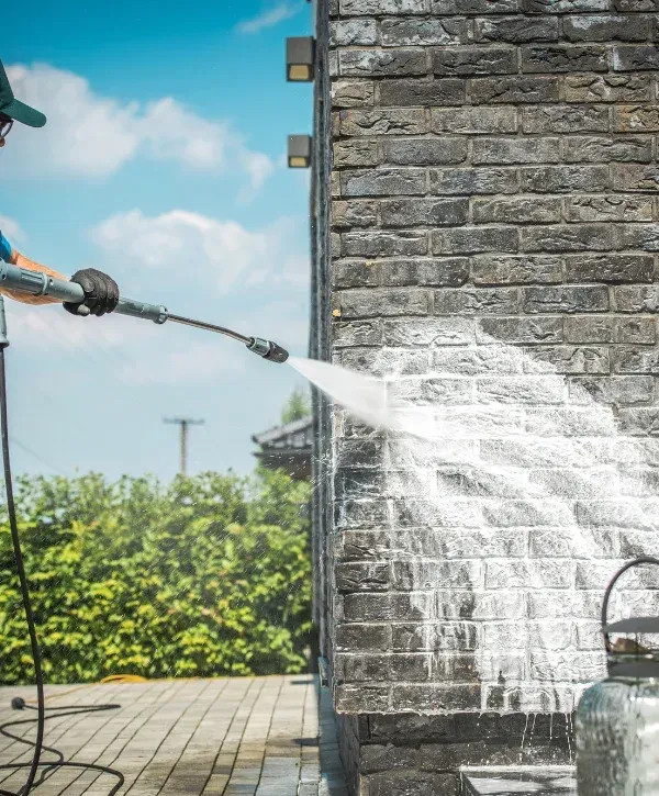 A person in blue overalls power washing a patio, with a green bush and garden lamp in the background.