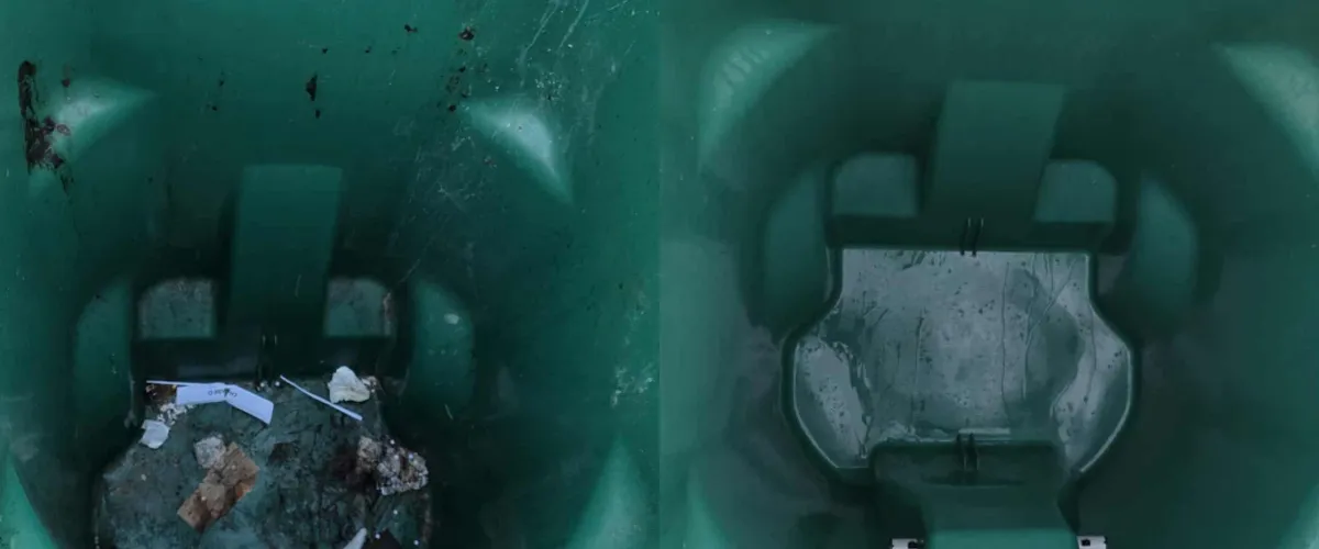 A side-by-side comparison of a green plastic bin's interior, showing a dirty state on the left and a cleaner, wet state on the right.