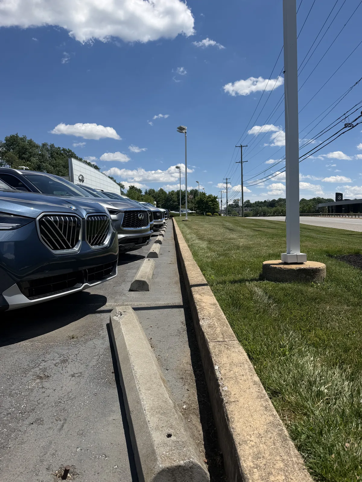 Commercial landscaping with a mowed lawn and small mulch beds along a car dealership’s parking lot and roadside frontage.