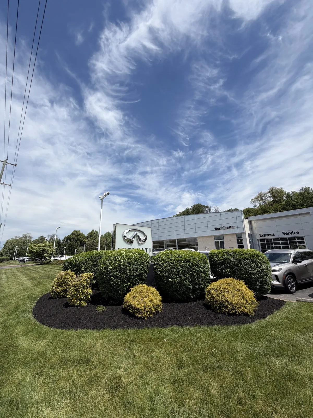 Commercial landscaping with mulch beds and shrubs at a business on the Main Line PA