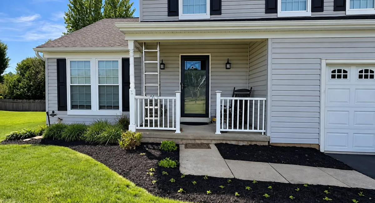 Residential landscape design with curved mulch beds and low-growing plants bordering a front porch and concrete walkway