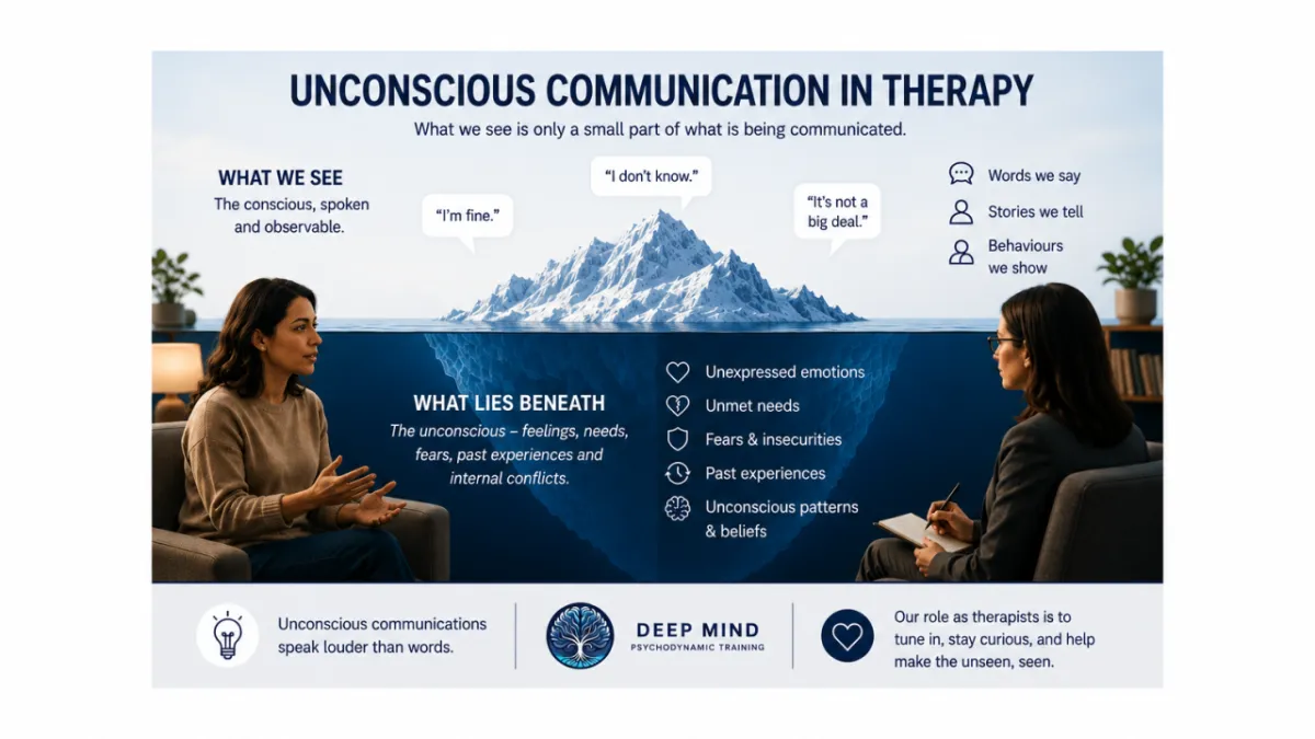 Iceberg diagram illustrating unconscious communication in therapy: visible speech and behaviour above the waterline, with unexpressed emotions, unmet needs, fears and past experiences shown beneath the surface, from Deep Mind Psychodynamic Training