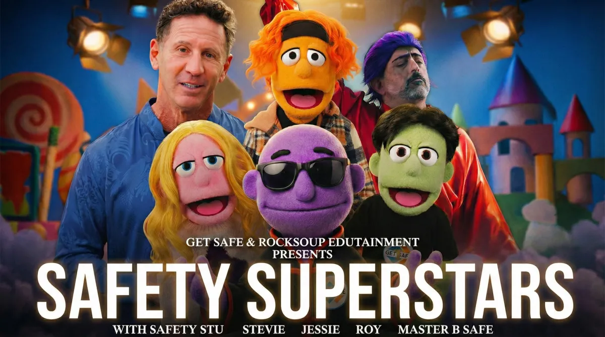 movie poster of puppets and human actors. It says Safety Superstars