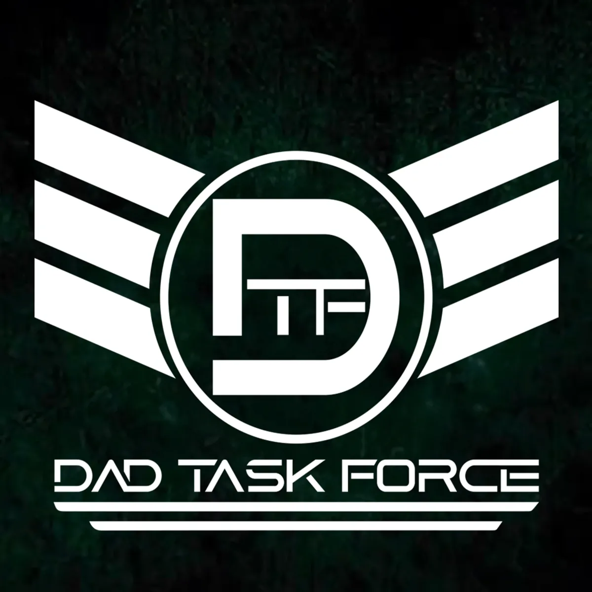 logo for a podcast called the dad taskforce. It has a symbol that resembles military rank and the letters "DTF" in the center