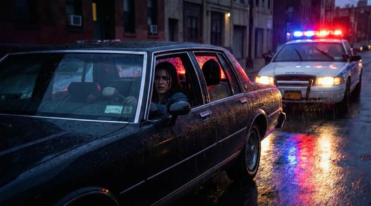 woman in a car with a shadowy figure in the backseat. There is a police car with lights on trying to stop them.