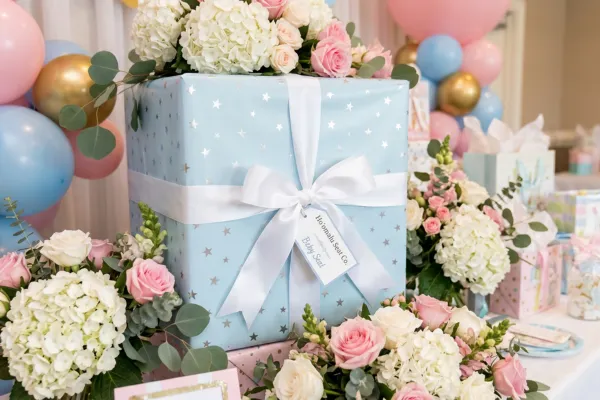 A beautifully wrapped Ho'omalu Seat Co. box on a baby shower gift table surrounded by flowers and balloons.
