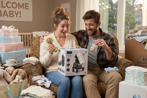 A first-time mom and dad sitting together surrounded by baby shower gifts, looking both excited and slightly overwhelmed.
