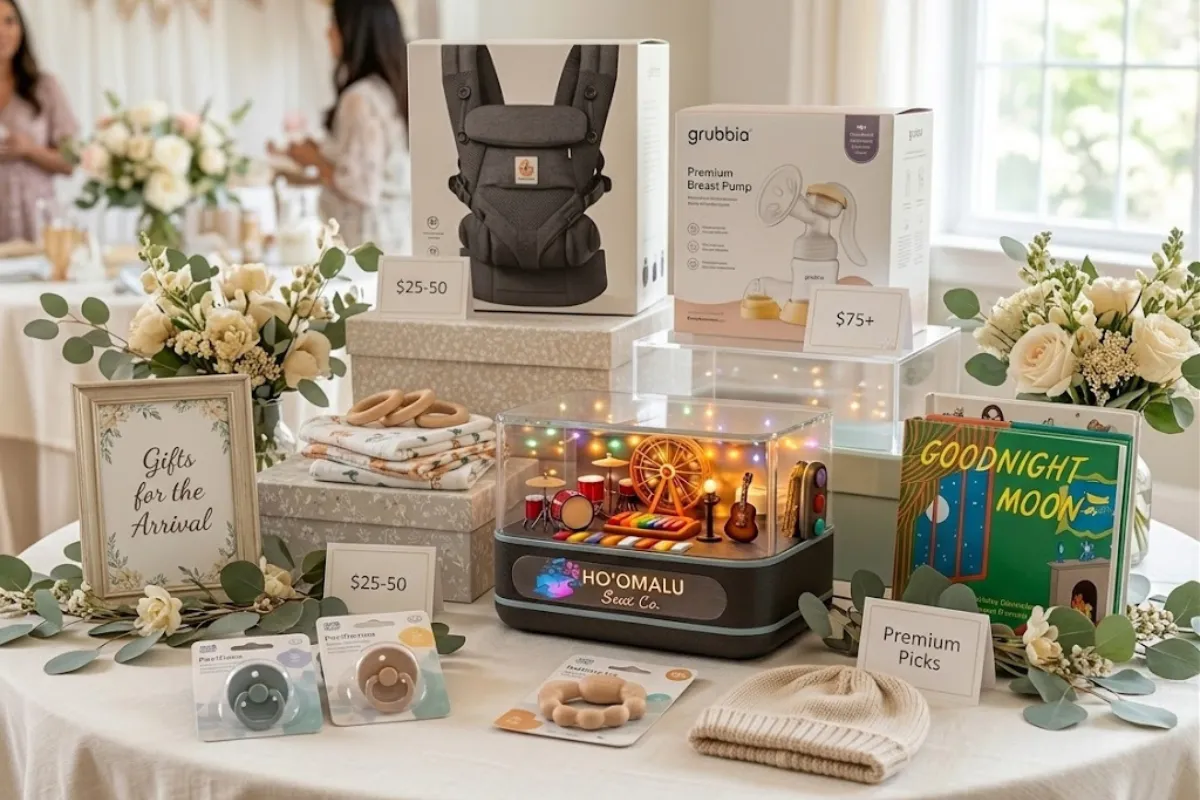 A beautifully arranged baby shower gift table featuring gifts at various price points, with Ho'omalu Seat Co. as the standout centerpiece.