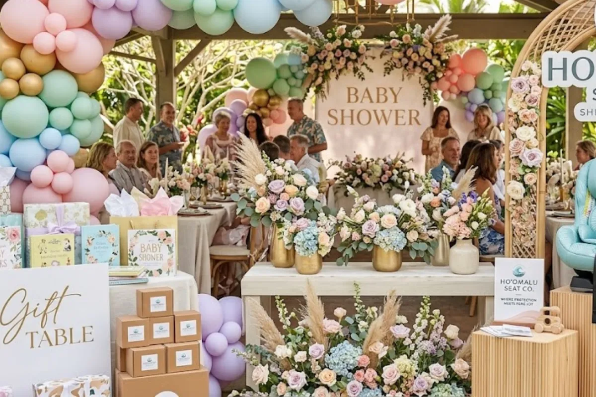 A beautifully styled baby shower setup with pastel balloons, a floral centerpiece, a gift table, and Ho'omalu Seat Co. displayed prominently.