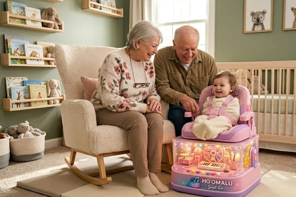 A grandmother and grandfather sitting together in a nursery, both smiling warmly at a newborn with Ho'omalu Seat Co. glowing beside them.