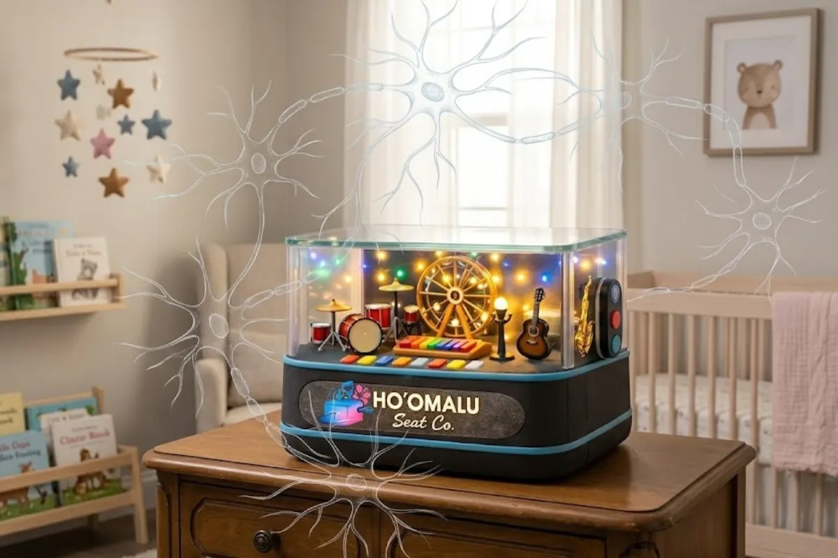 A beautifully styled image of Ho'omalu Seat Co. glowing in a nursery with a subtle brain neuron illustration overlaid in soft light.