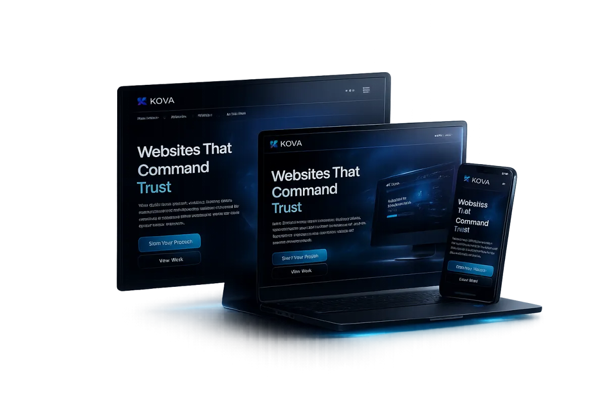 High-end dark SaaS website on desktop and mobile mockups with 1px glass border