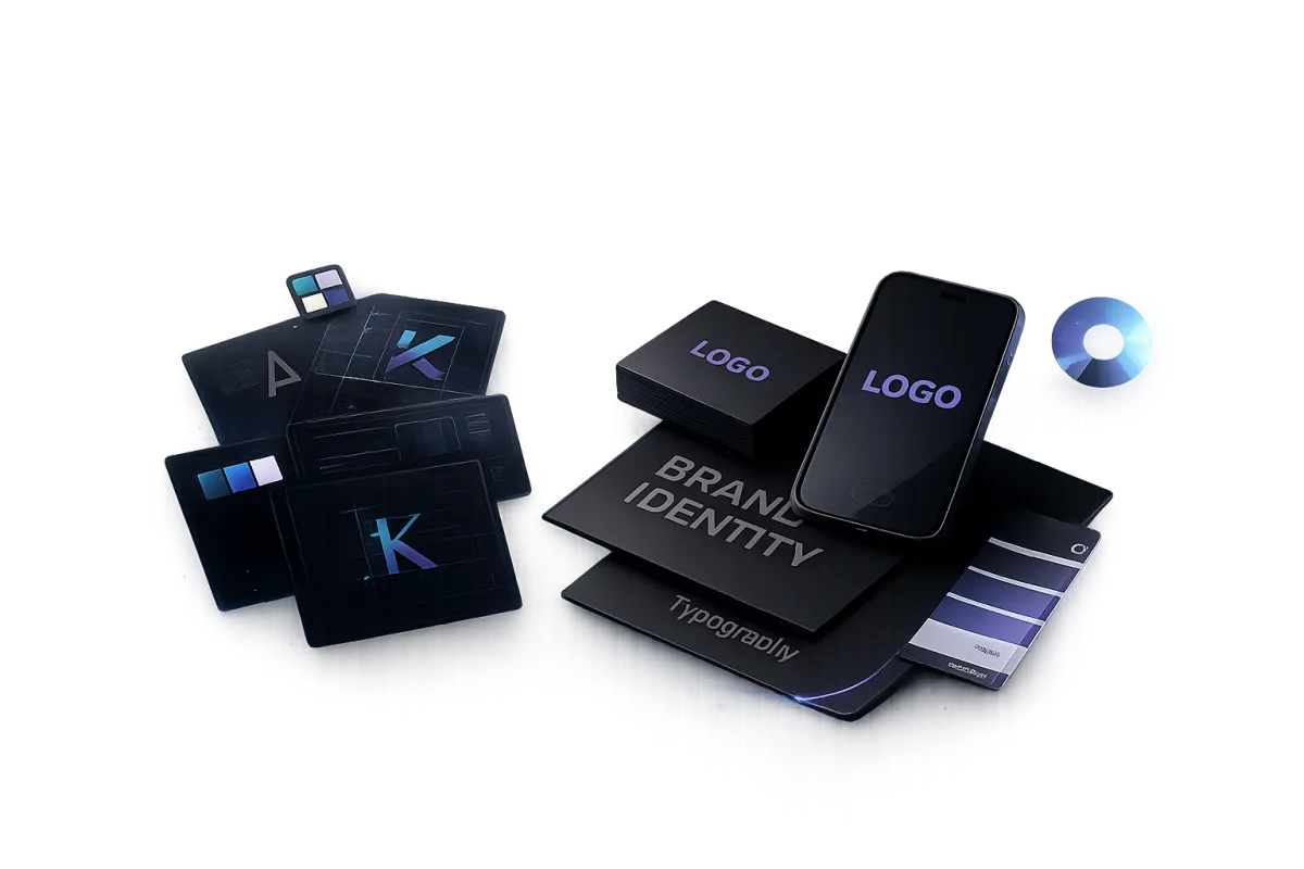 Brand identity presentation with logo systems and typography on dark background