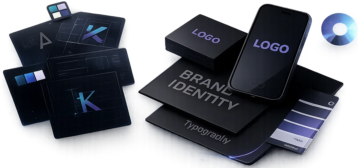 Brand identity presentation with logo systems and typography on dark background