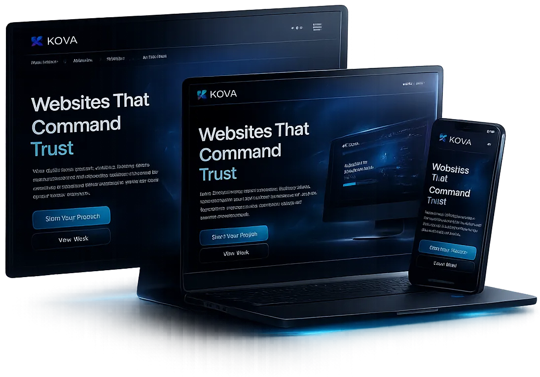 High-end dark SaaS website on desktop and mobile mockups with 1px glass border