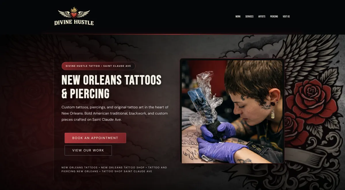 Divine Hustle Tattoo Website Mockup