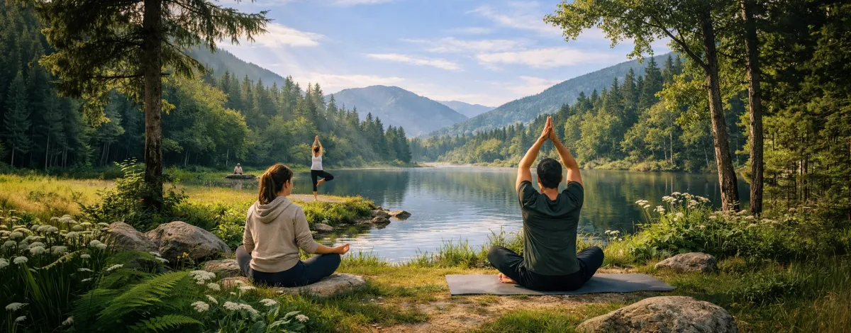People practicing yoga beside a tranquil mountain lake surrounded by forest - AI‑generated image inspired by Sanctuary’s theme of calm and recovery.