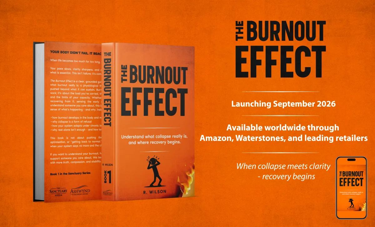 Promotional display for The Burnout Effect by R. Wilson — orange book cover with burnout silhouette and flame motif, launch date September 2026, available through major retailers.