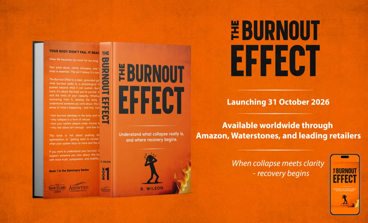 Promotional display for The Burnout Effect by R. Wilson — orange book cover with burnout silhouette and flame motif, launch date September 2026, available through major retailers.