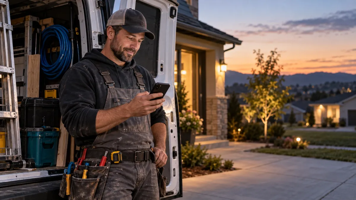 Home-service owner reviewing an after-hours customer call beside a work van at dusk