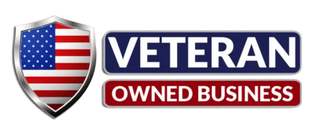 Veteran-owned business logo featuring American flag shield and text emphasizing veteran ownership.