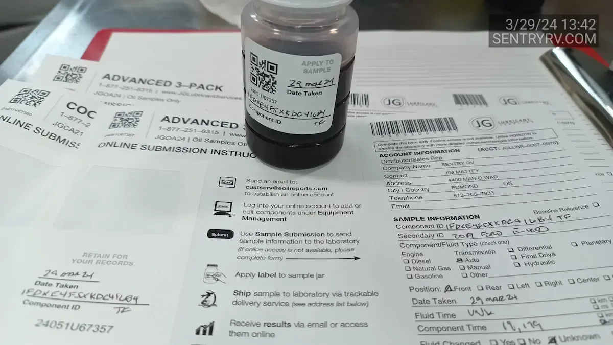 Oil sample jar with label and paperwork for fluid analysis, emphasizing RV maintenance services by SentryRV, including oil condition checks and preventive diagnostics.