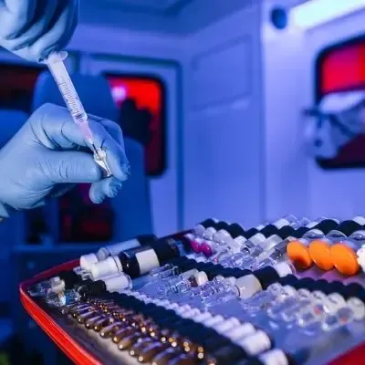 Hand in blue glove preparing a syringe from a medical supply tray in an RV emergency response setting.
