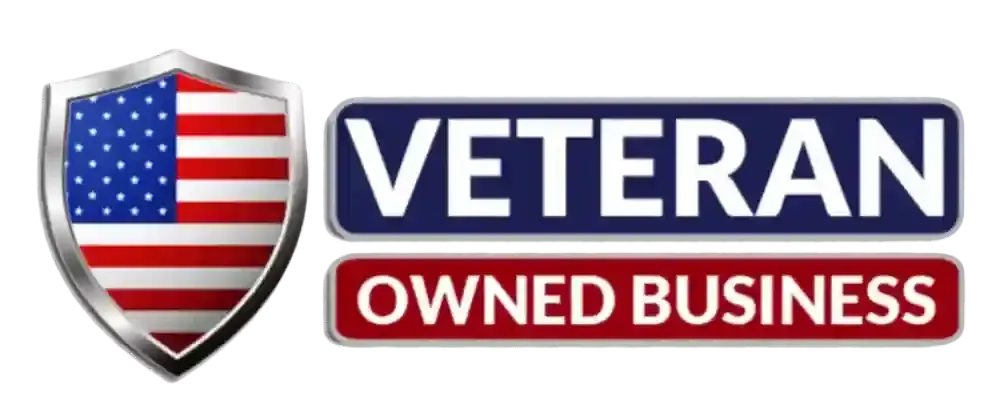 Veteran-owned business logo featuring American flag shield and text emphasizing veteran ownership.