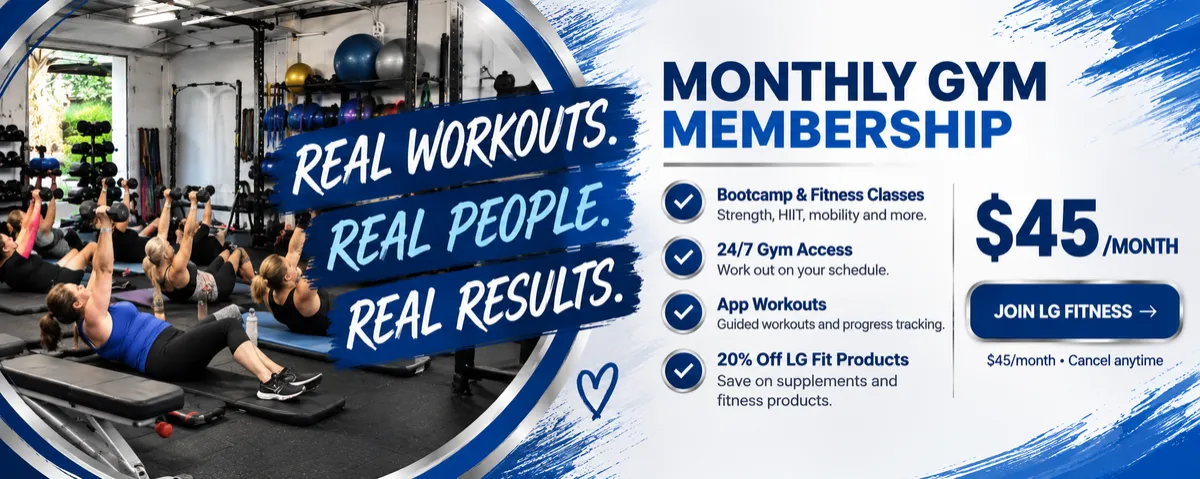LG Fitness monthly gym membership – $45/month for 24/7 gym access, strength and cardio equipment, app workouts, and member benefits.