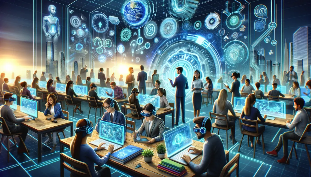 The image offers a futuristic depiction of the headline 'What Are the Future Trends in Online Tutoring?' It showcases an advanced digital learning environment with a diverse group of students and tutors, including men and women of various descents, engaging with cutting-edge technology. They interact with virtual reality headsets, holographic displays, and AI-driven educational tools. The setting is forward-thinking and technologically advanced, highlighting the evolving nature of online tutoring and the incorporation of futuristic trends like augmented reality, AI personalization, and global interconnectedness.