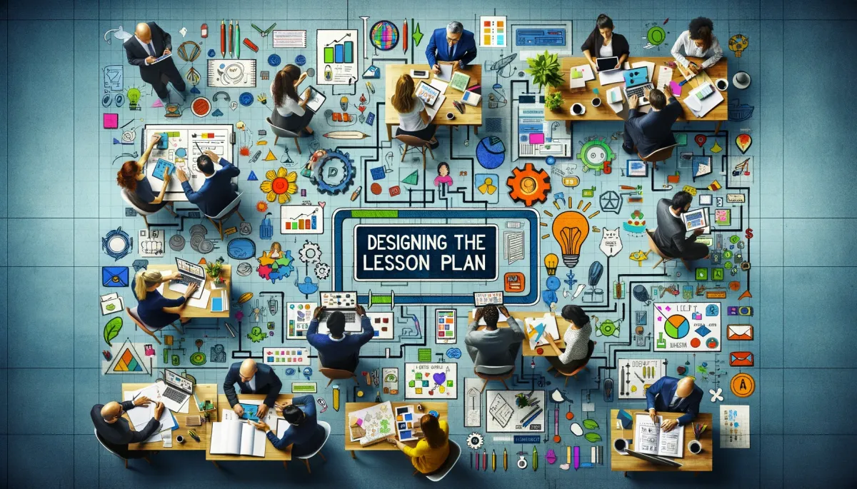 The image visually represents 'Designing the Lesson Plan.' It features an organized and creative workspace with a diverse group of educators, including men and women of various descents, actively involved in the lesson planning process. They are using tools like digital tablets, papers, and educational resources to structure and design detailed lesson plans. Visual elements such as flowcharts, colorful notes, and educational symbols are scattered around, representing the thoughtful and systematic approach to creating effective and engaging lesson plans. The atmosphere is collaborative and innovative, highlighting the importance of meticulous design in educational success.