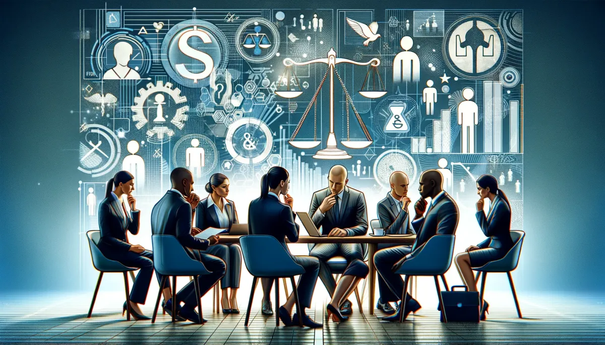 The image is a conceptual illustration for the headline 'Legal and Ethical Considerations.' It depicts a modern, professional setting with a diverse group of individuals, including male and female professionals of various descents, engaged in thoughtful discussions and consultations. They are surrounded by symbolic elements like scales of justice, ethical charters, and digital screens displaying abstract legal and ethical icons. The environment conveys a sense of responsibility, integrity, and careful deliberation, emphasizing the importance of legal and ethical considerations in professional practices.
