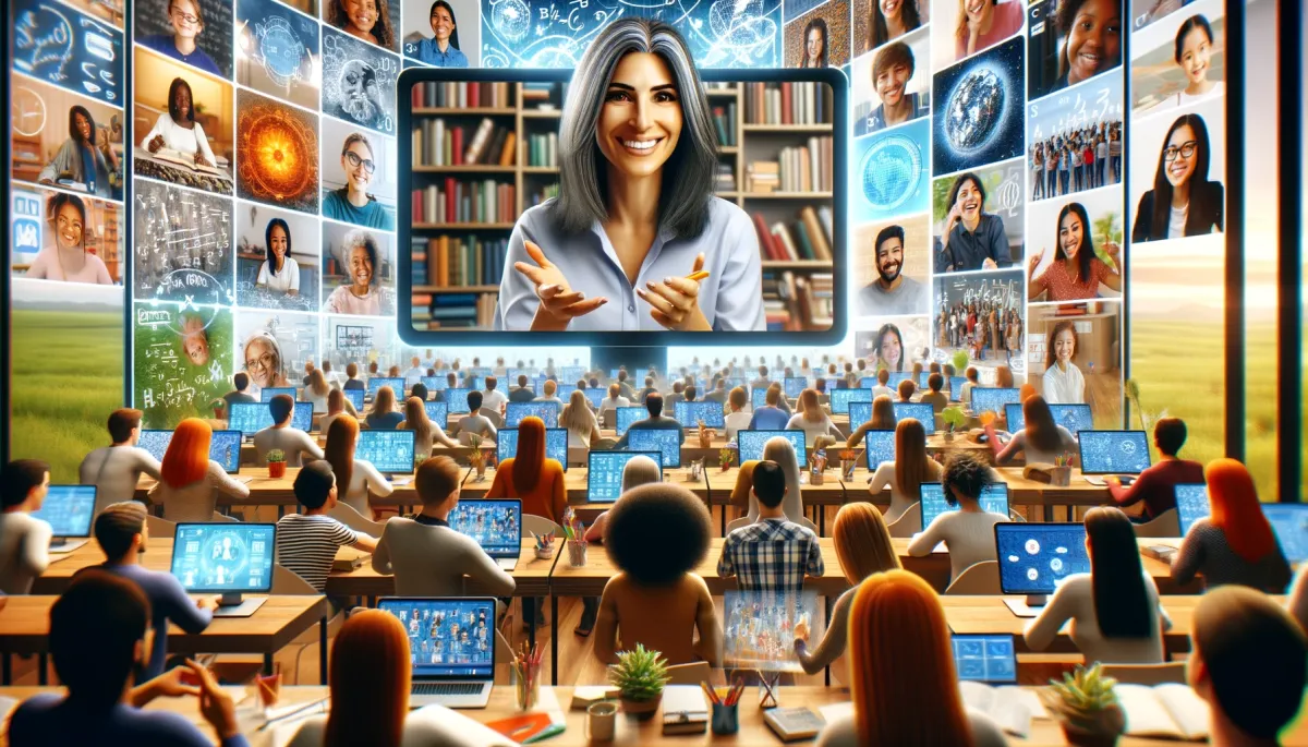 A bustling virtual classroom with diverse students engaged in online learning. Multiple screens display students of various ages and ethnicities participating in different subjects, centered around a dynamic South Asian online tutor interacting through a large screen.