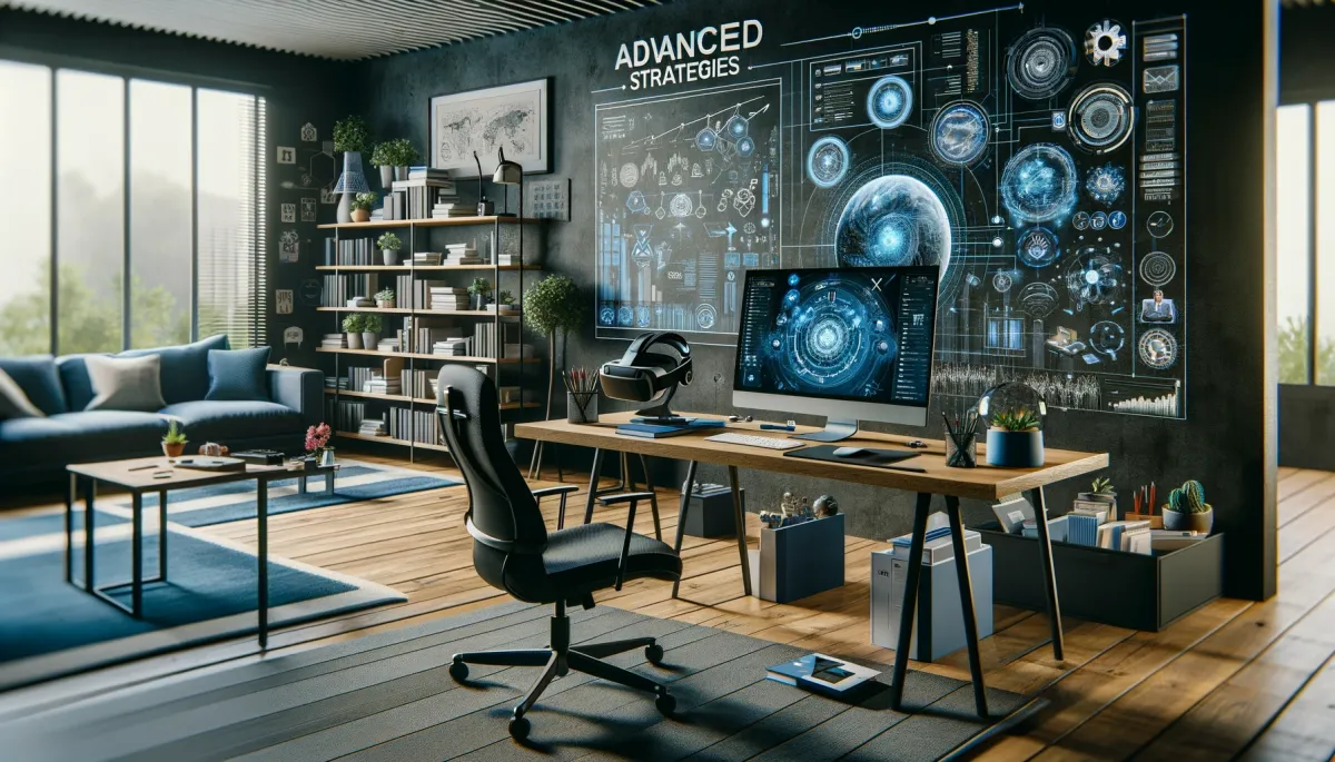 A high-tech home office scene illustrating 'Advanced Strategies' in online tutoring. The office features a large monitor with advanced teaching software, interactive lesson plans, and analytics. A virtual reality headset and a tablet with educational apps are on the desk, and a whiteboard in the background displays complex educational strategies and schedules. The sleek, professional environment highlights a futuristic approach to online tutoring, integrating technology with innovative teaching methods.